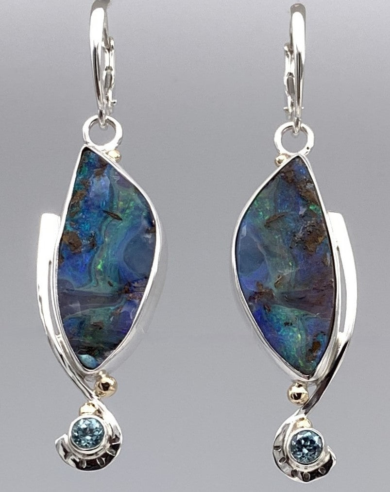 Australian Boulder Opal and Blue Zircon Silver/Gold Earrings