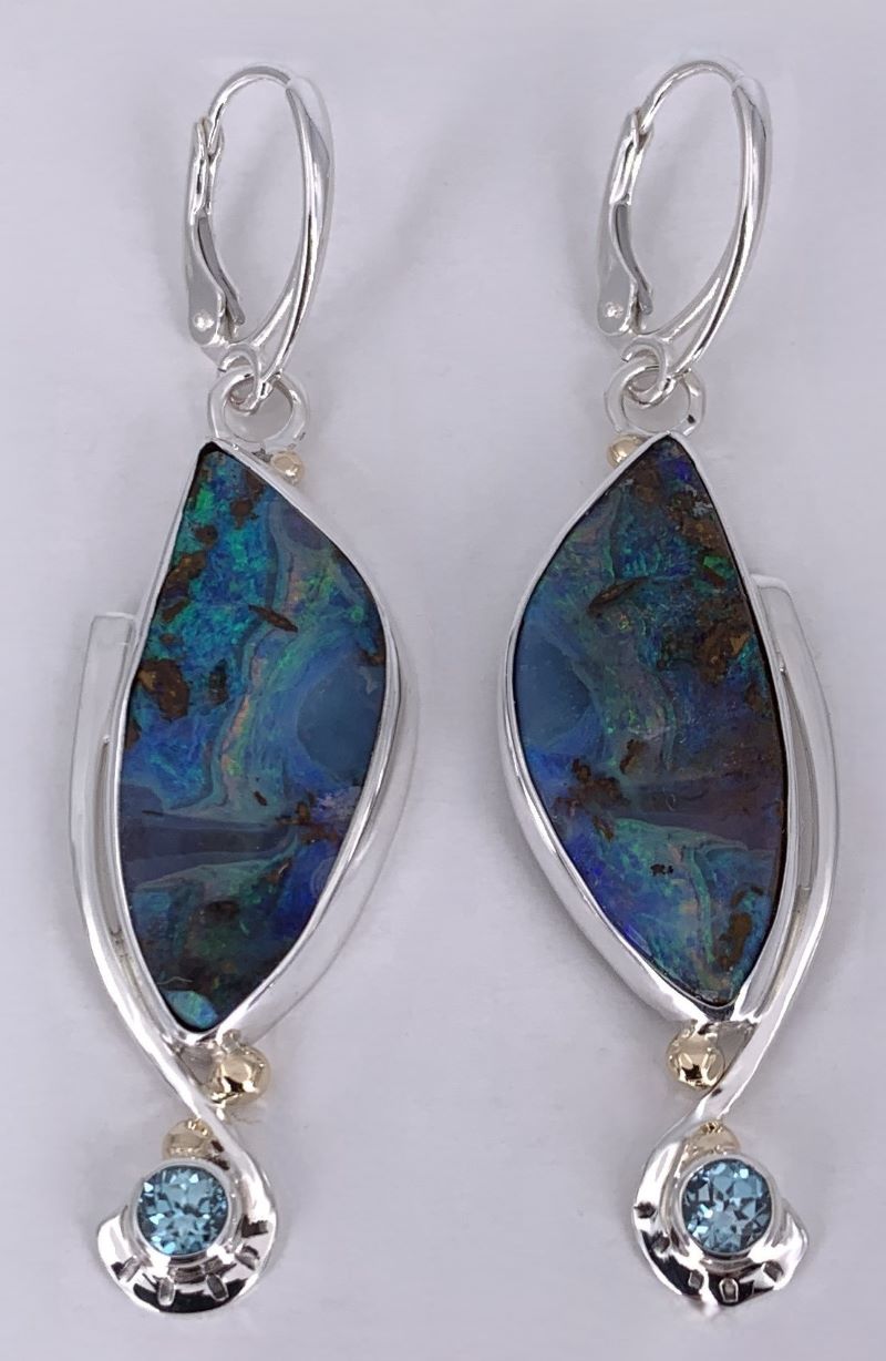Australian Boulder Opal and Blue Zircon Silver/Gold Earrings