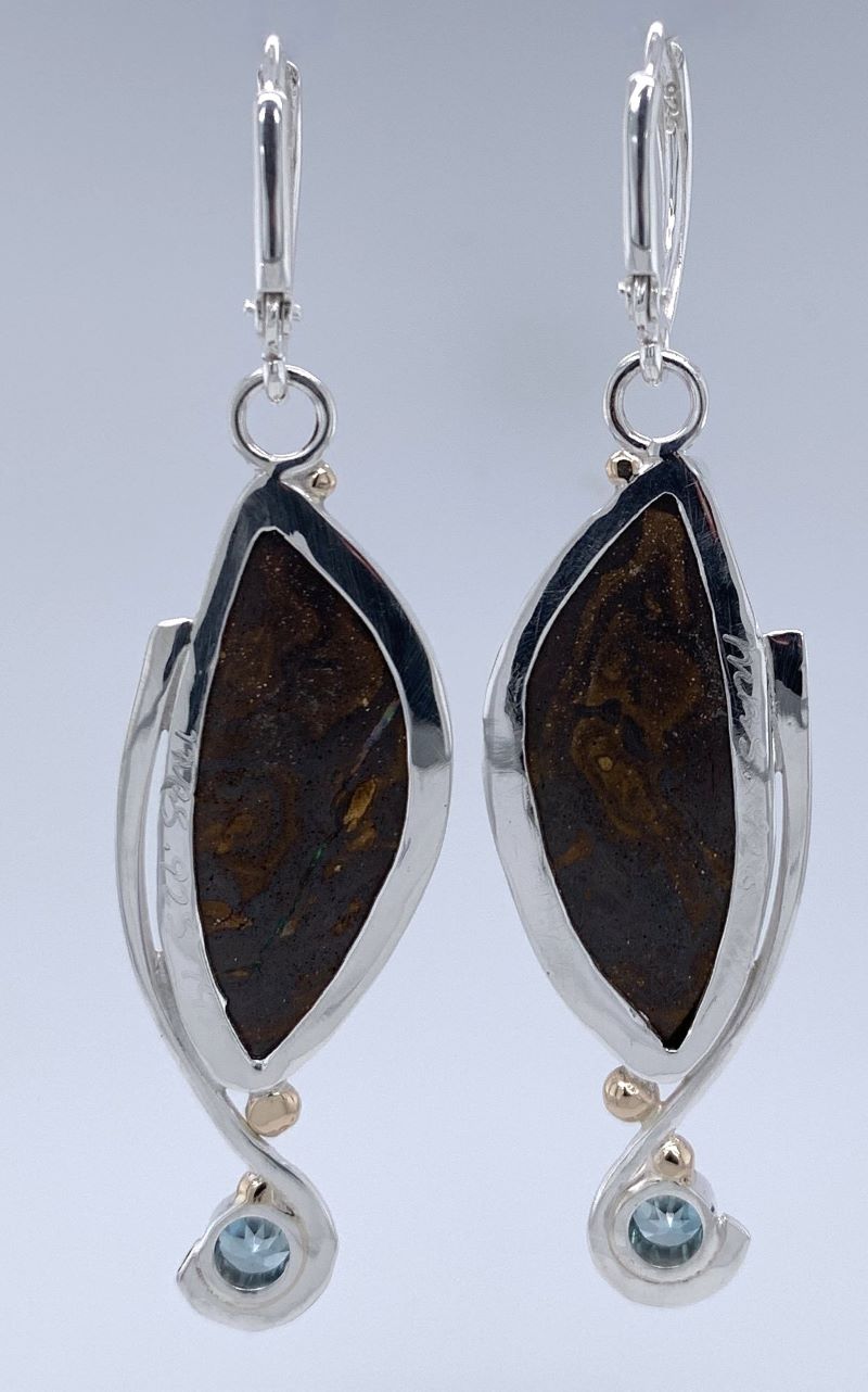 Australian Boulder Opal and Blue Zircon Silver/Gold Earrings