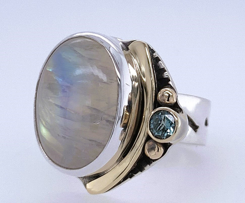 Rainbow Moonstone and Blue Zircon Silver/Gold Ring