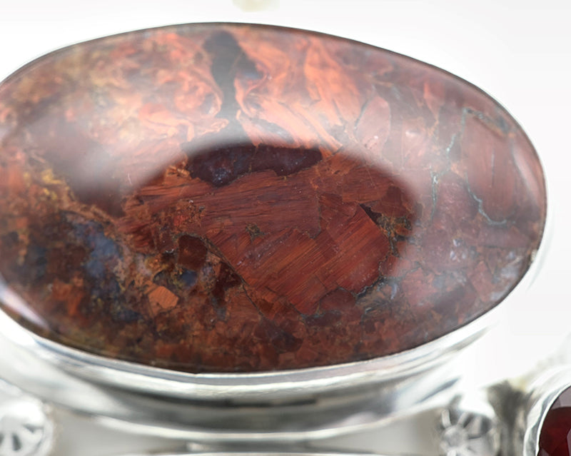 Pietersite / Dinosaur Bone and Garnet Silver Pendant