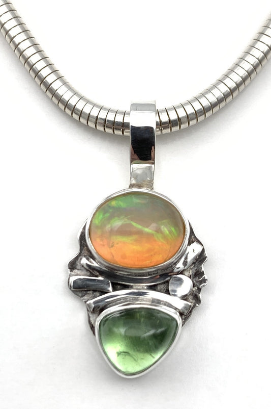 Ethiopian Opal and Green Tourmaline Silver Pendant