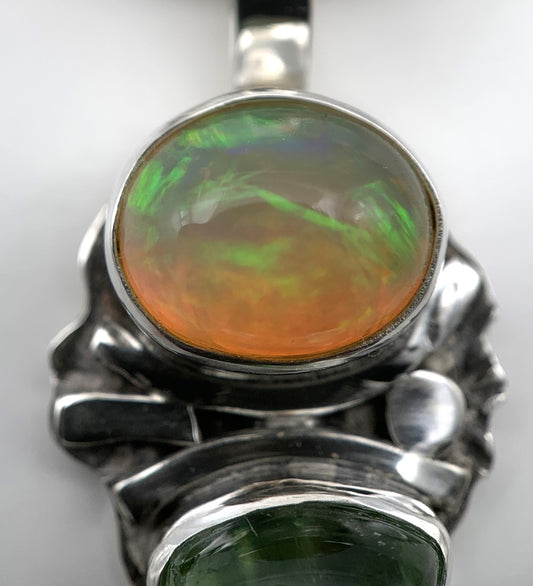 Ethiopian Opal and Green Tourmaline Silver Pendant