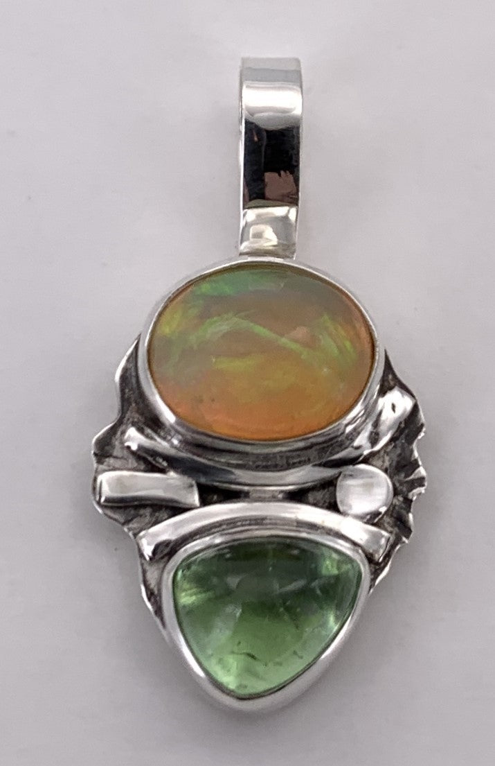 Ethiopian Opal and Green Tourmaline Silver Pendant
