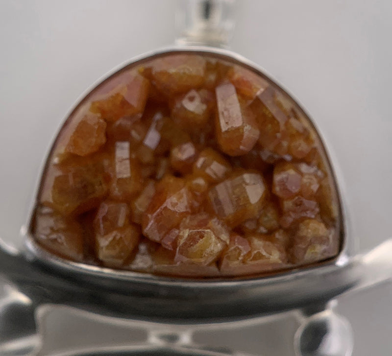 Fossil Opal Wood and Orange Garnet Druze Silver Pendant
