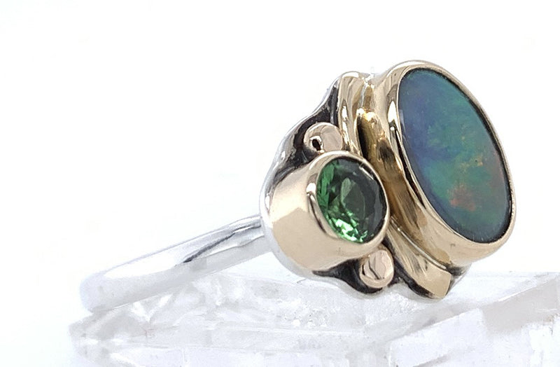 Black Opal and Tsavorite Garnet Silver/Gold Ring