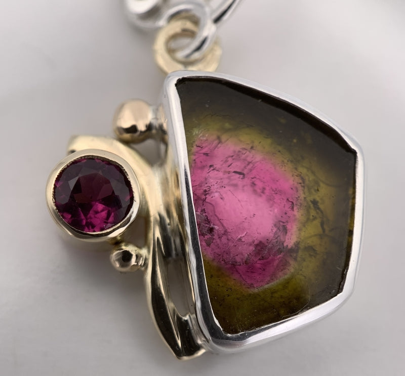 Watermelon Tourmaline and Rhodolite Garnets Silver/Gold Earrings