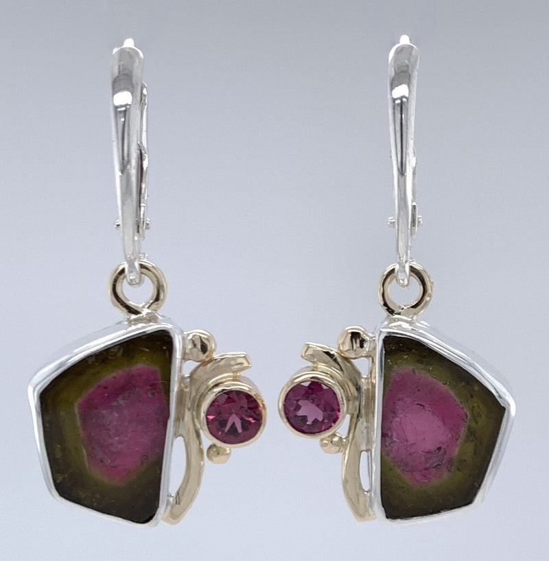 Watermelon Tourmaline and Rhodolite Garnets Silver/Gold Earrings