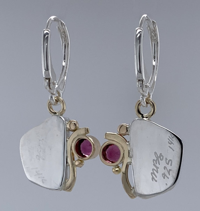 Watermelon Tourmaline and Rhodolite Garnets Silver/Gold Earrings