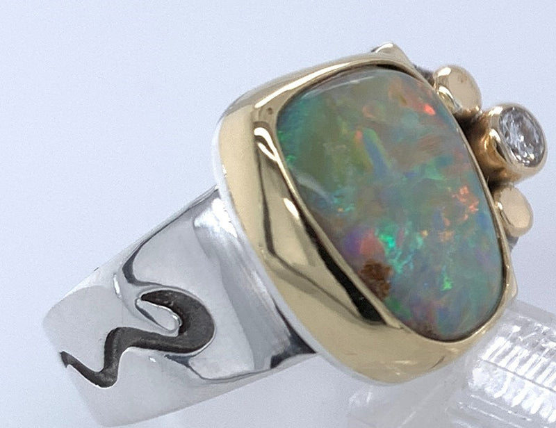 Australian Boulder Opal and Diamond Silver/Gold Ring