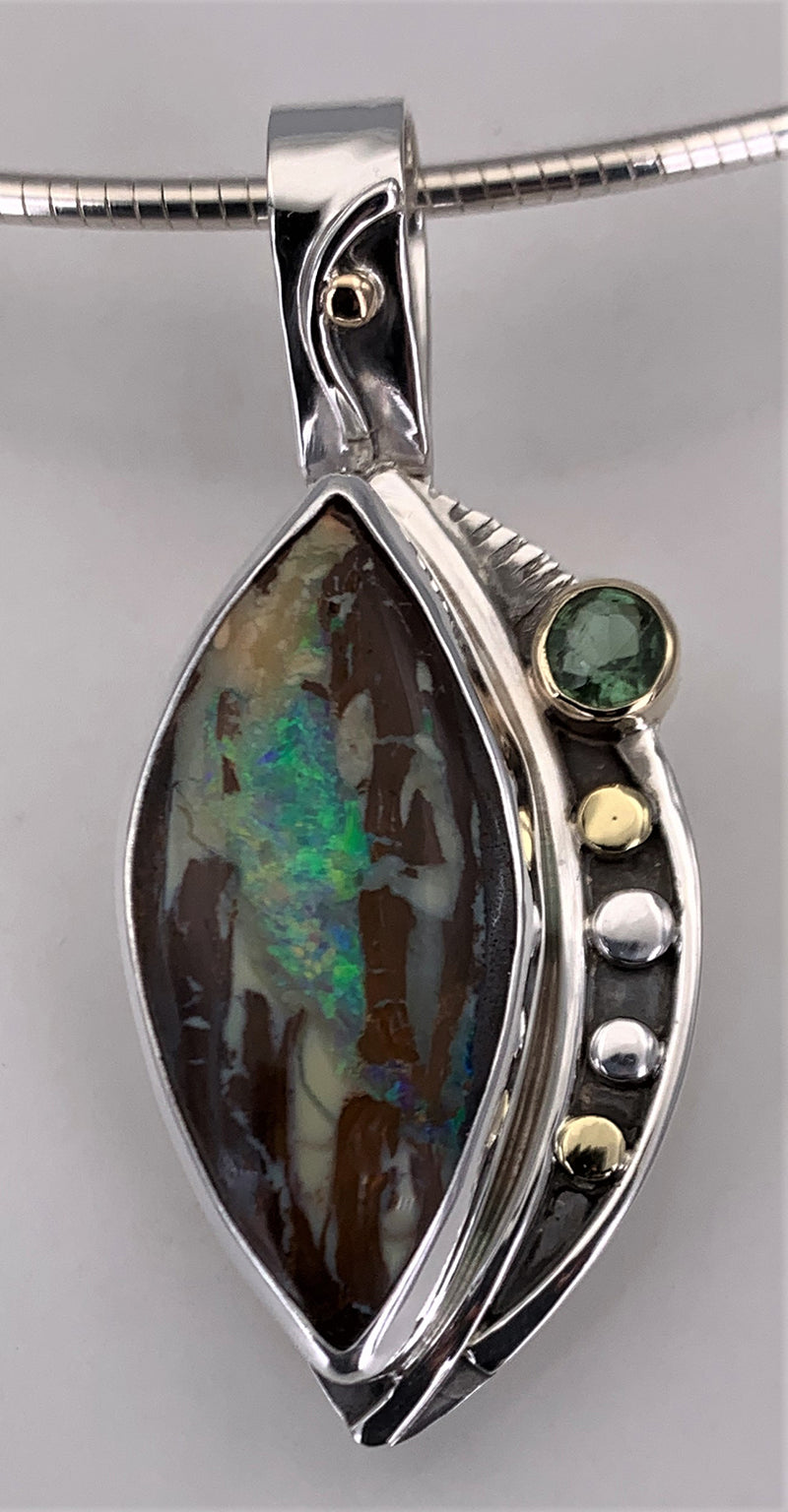 Australian Boulder Opal and Green Tourmaline Silver Pendant
