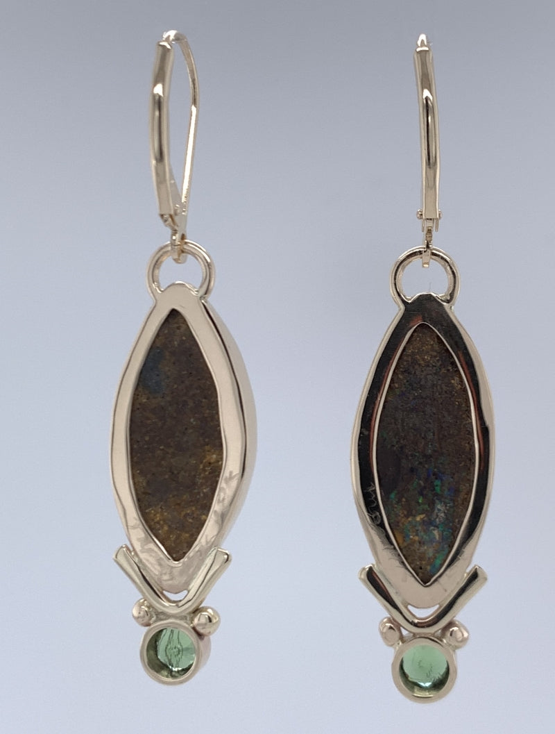 Australian Boulder Opal and Tsavorite Garnet Gold Earrings