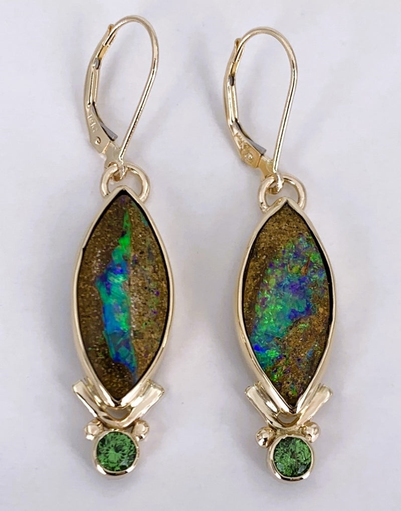 Australian Boulder Opal and Tsavorite Garnet Gold Earrings