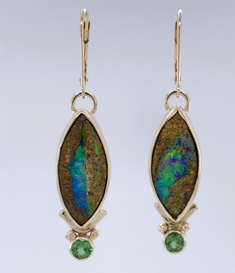 Australian Boulder Opal and Tsavorite Garnet Gold Earrings
