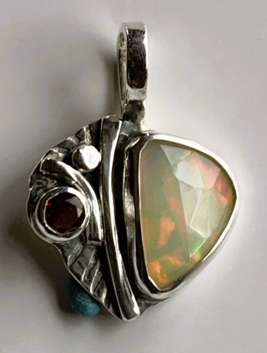 Ethiopian Opal and Garnet Silver Pendant