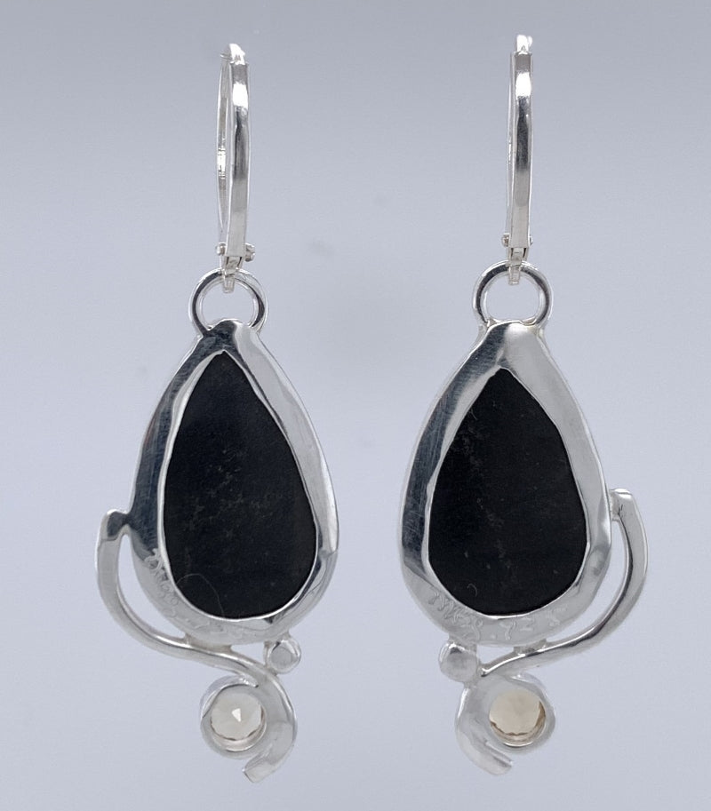 Plume Agate over/Black Jade and Silver Earrings