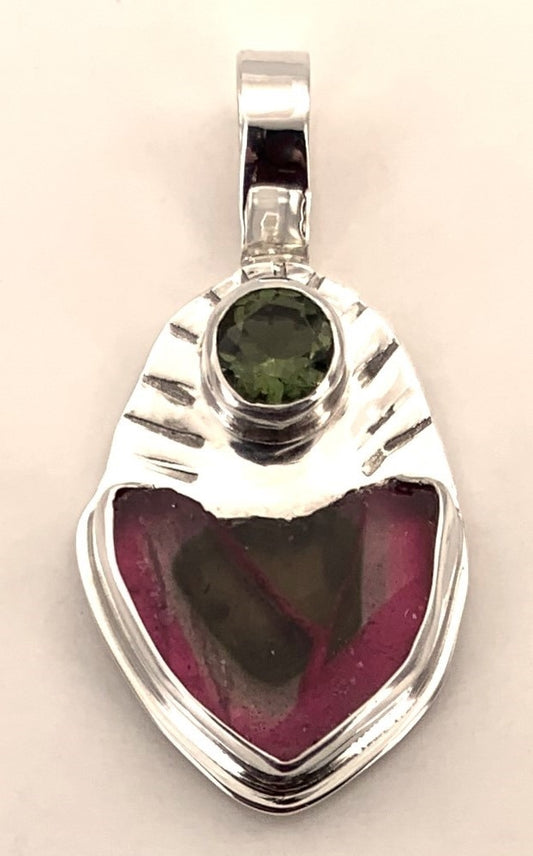 Watermelon Tourmaline and Moldavite Silver Pendant