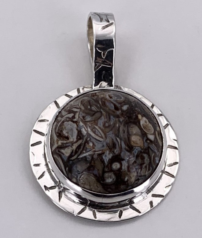 Turitella Fossils in Jasper Silver Pendant