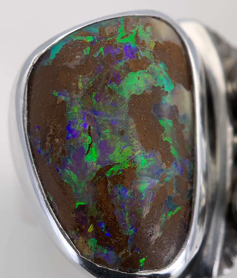 Australian Boulder Opal with Peridot and Chrysaberyl Silver Ring