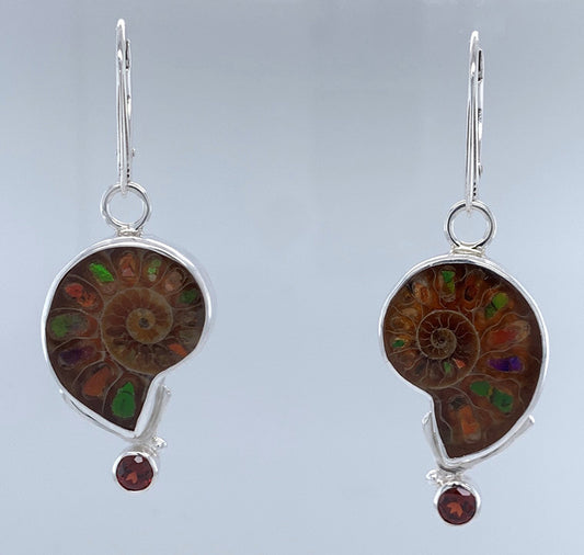 Ammonite/Opal and Rhodolite Garnet Silver Earrings