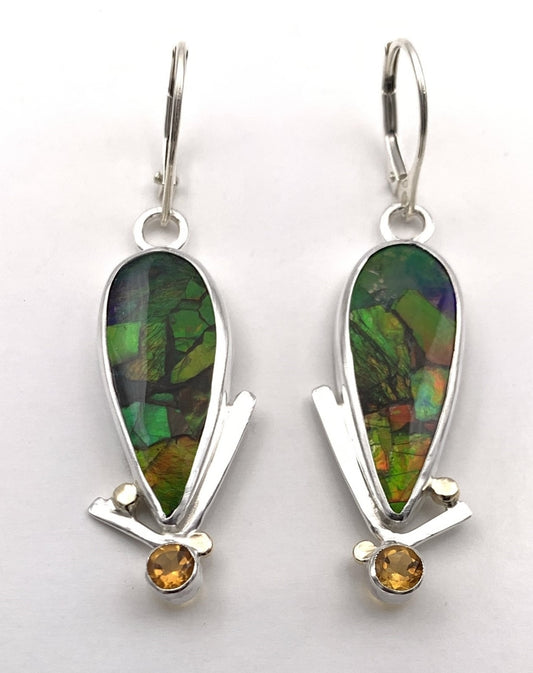 Ammolite and Citrine Silver Earrings