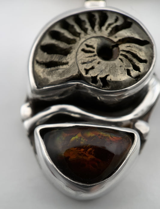 Ammonite Fossil and Mexican Fire Agate Silver Pendant