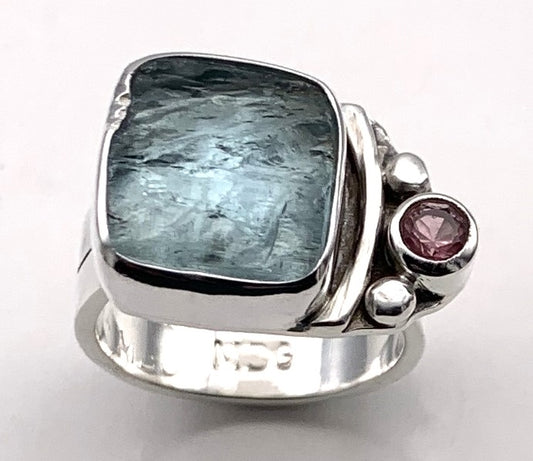 Aquamarine and Pink Tourmaline Silver Ring