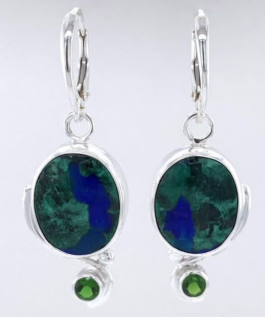 Azurite/Malachite and Chrome Diopside Silver Earrings