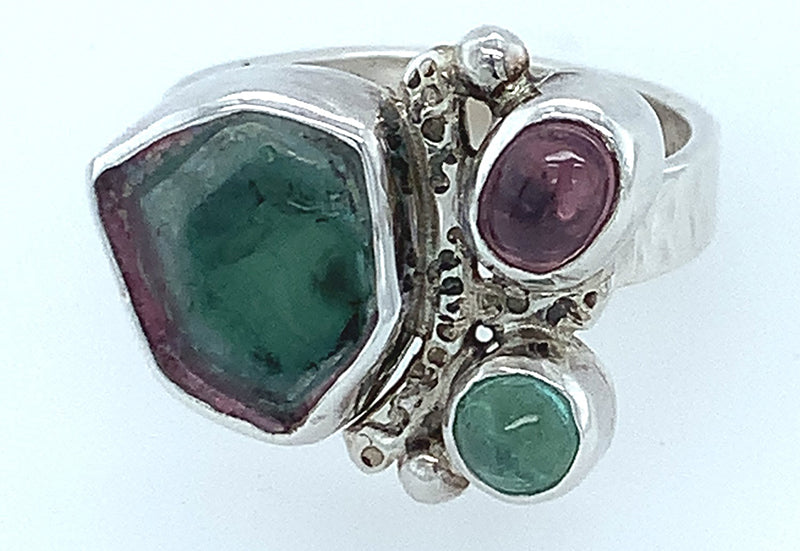 Watermelon Tourmaline/Tourmaline Silver Ring