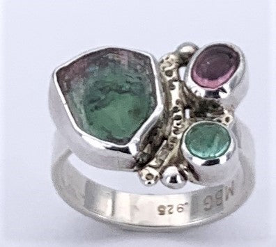 Watermelon Tourmaline/Tourmaline Silver Ring