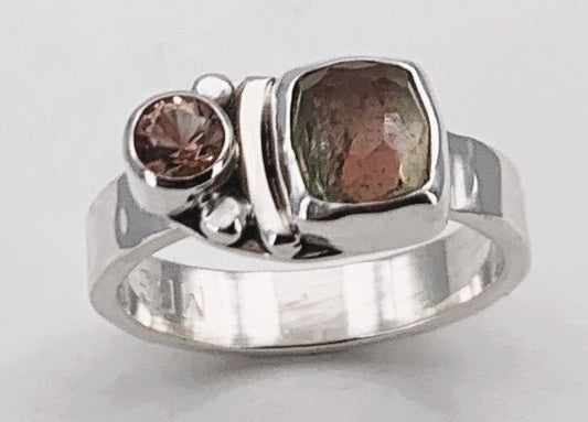 Bicolor Tourmaline and Oregon Sunstone Silver Ring