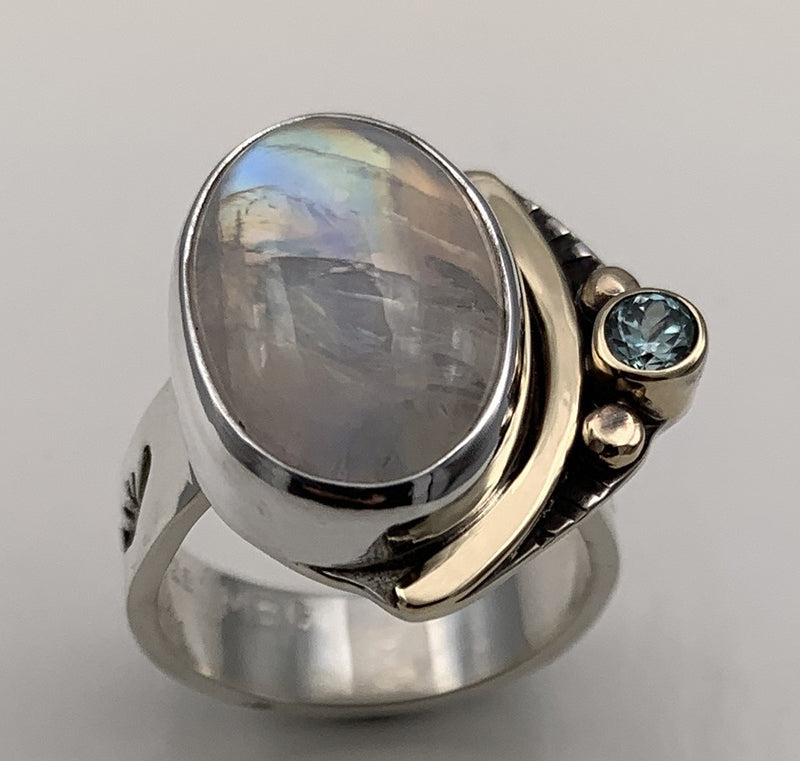 Rainbow Moonstone and Blue Zircon Silver/Gold Ring
