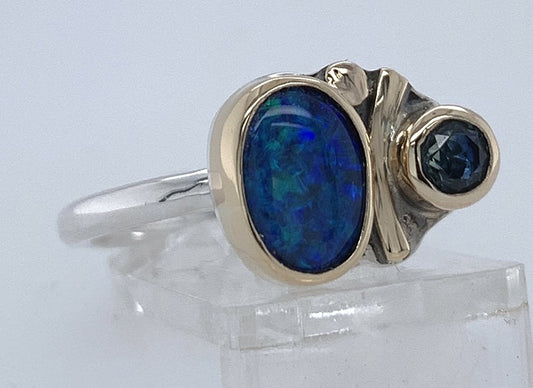 Black Opal and Sapphire Silver/Gold Ring