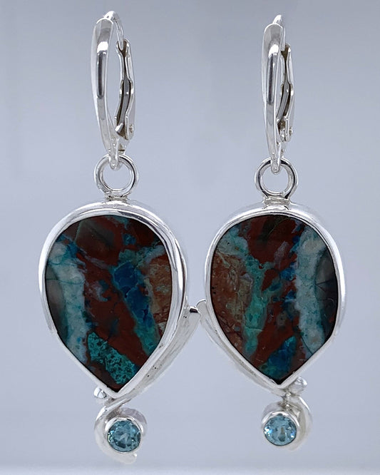 Chrysacola and Zircon Silver Earrings