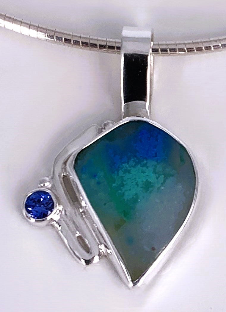Chrysacola/Quartz and Blue Sapphire Silver Pendant