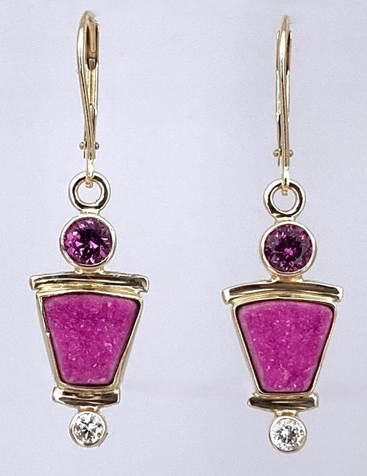 Cobaltoan Calcite/Rhodolite Garnet and Diamond Gold Earrings