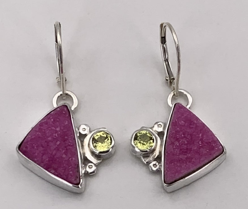 Cobaltoan Calcite Druze and Yellow Sapphire Silver Earrings