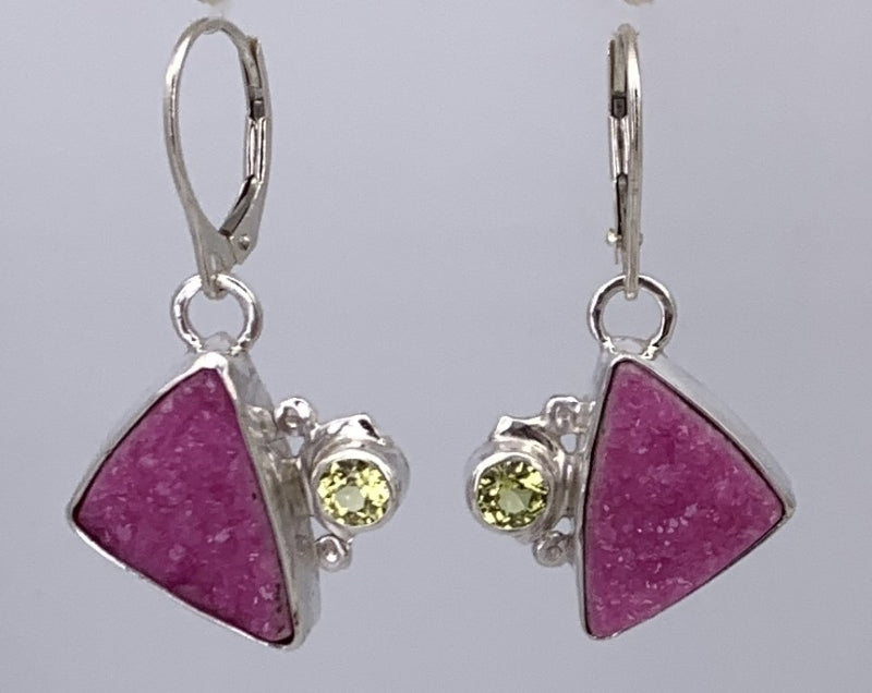 Cobaltoan Calcite Druze and Yellow Sapphire Silver Earrings