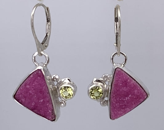 Cobaltoan Calcite Druze and Yellow Sapphire Silver Earrings