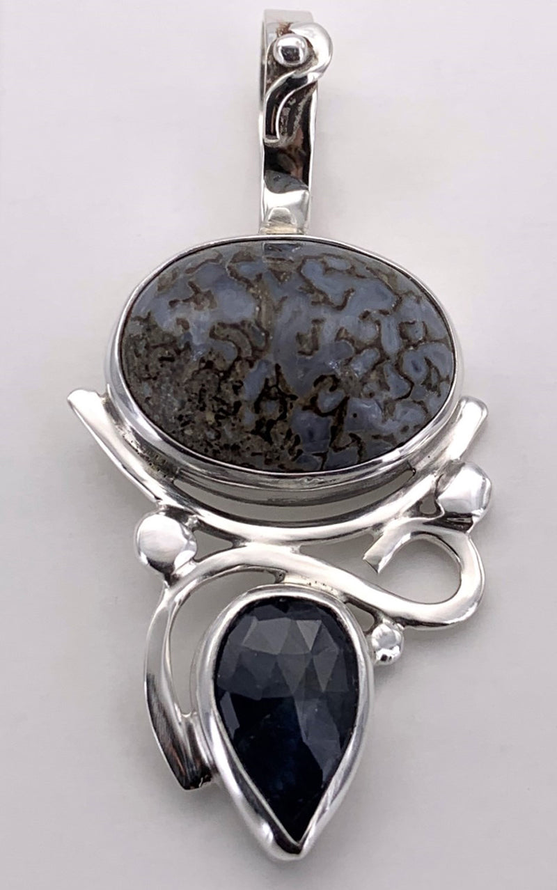 Dinosaur Bone and Sapphire Silver Pendant