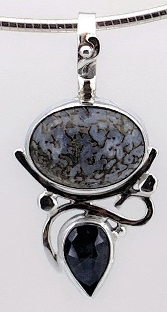 Dinosaur Bone and Sapphire Silver Pendant