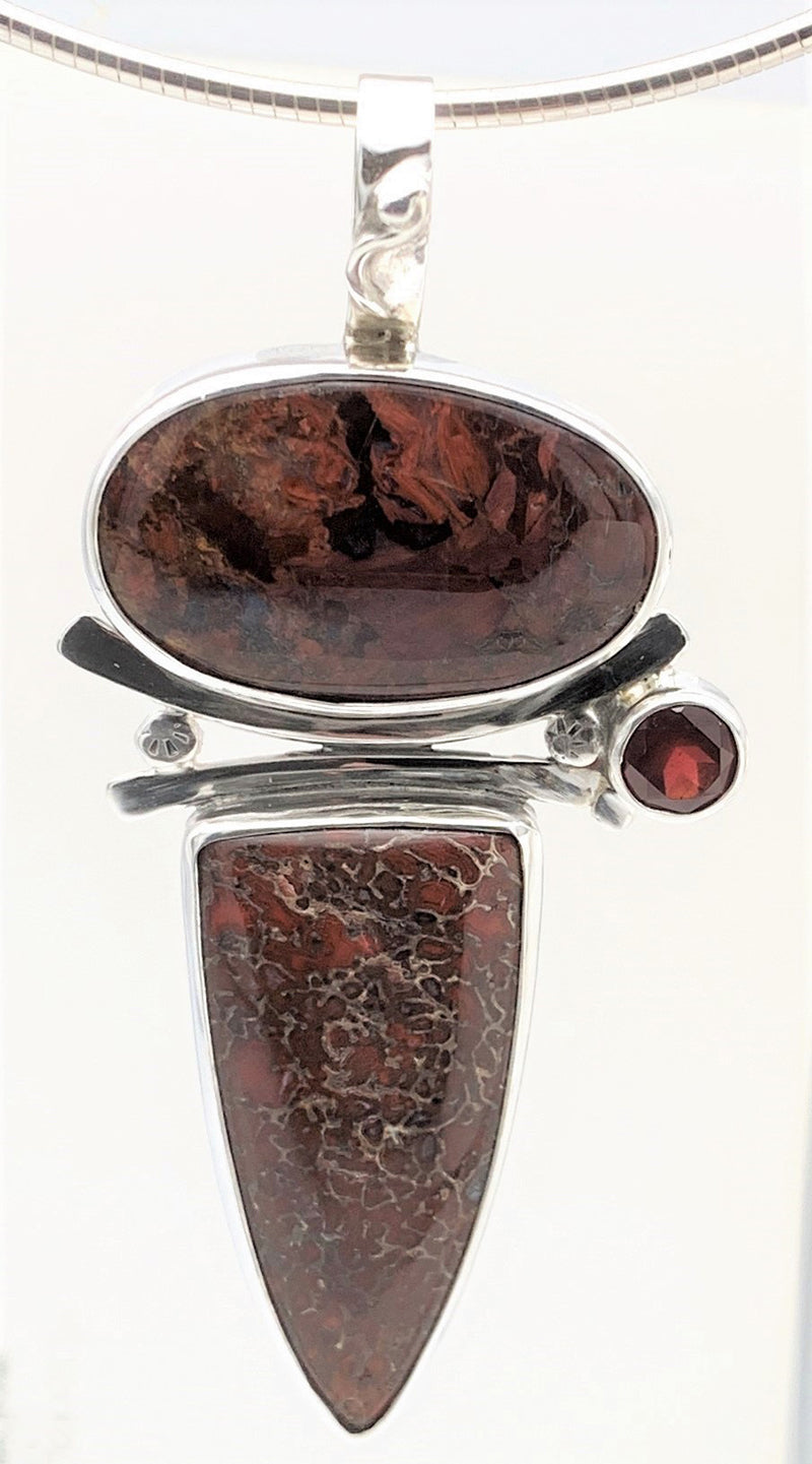 Pietersite / Dinosaur Bone and Garnet Silver Pendant