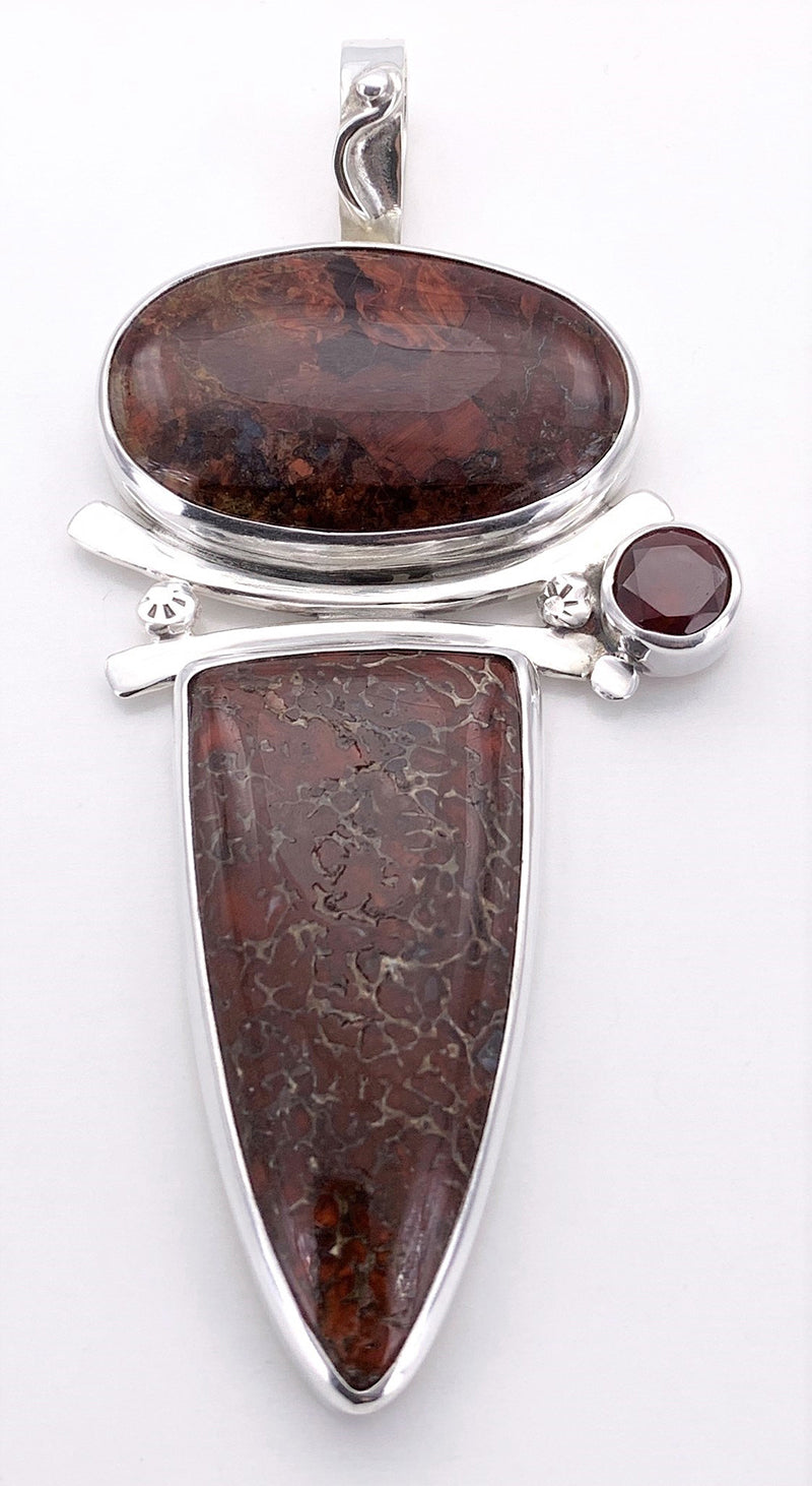 Pietersite / Dinosaur Bone and Garnet Silver Pendant