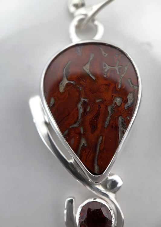 Fossil Dinosaur Bone and Garnet Silver Earrings