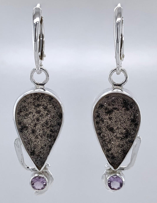 Gray Druze and Amethyst Silver Earrings