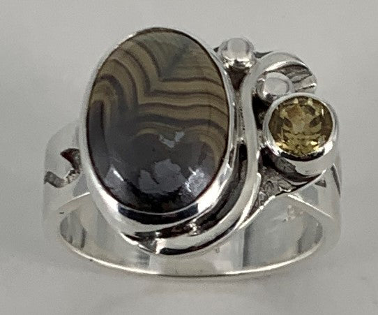 Fossil Wood and Yellow Zircon Silver Ring