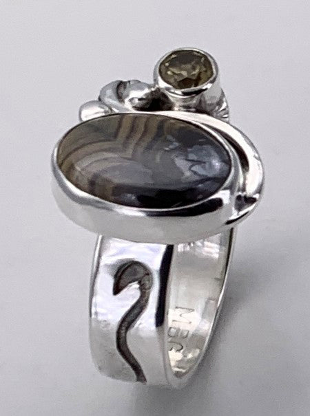 Fossil Wood and Yellow Zircon Silver Ring