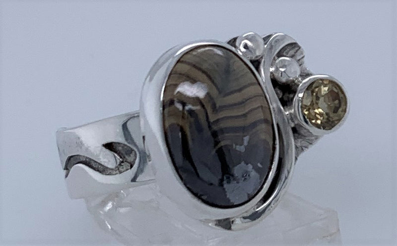 Fossil Wood and Yellow Zircon Silver Ring