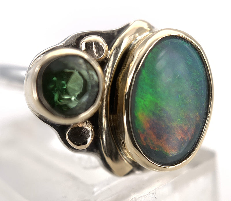 Black Opal and Tsavorite Garnet Silver/Gold Ring