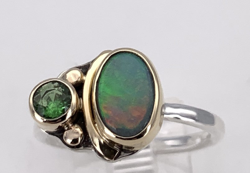 Black Opal and Tsavorite Garnet Silver/Gold Ring